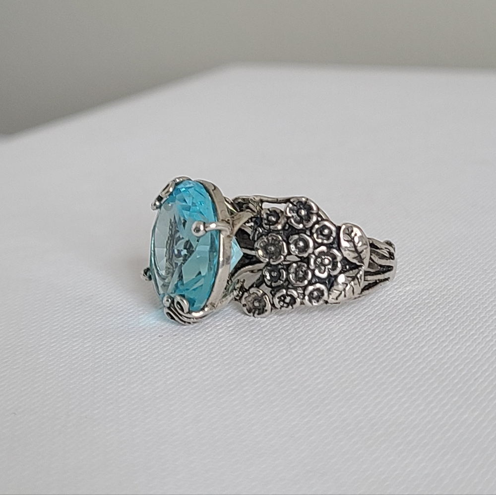 Vintage Sterling Silver Boho Chunky Blue Topaz Solitaire Floral Statement Ring - Picture 3 of 14